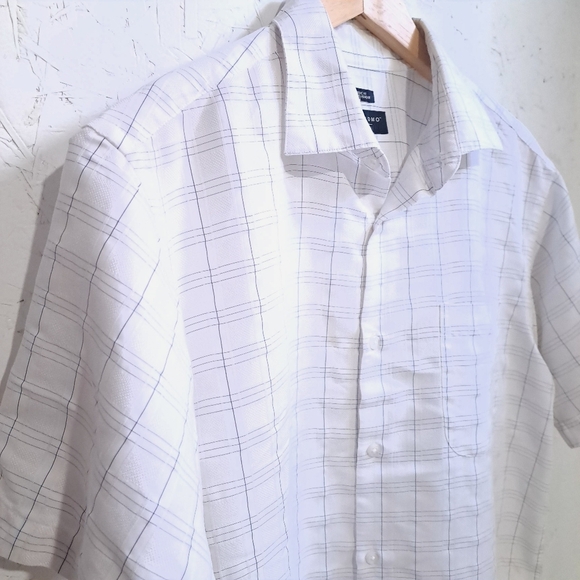pronto uomo | Men's White Plaid button up short sleeve Shirt classic fit - Picture 2 of 8